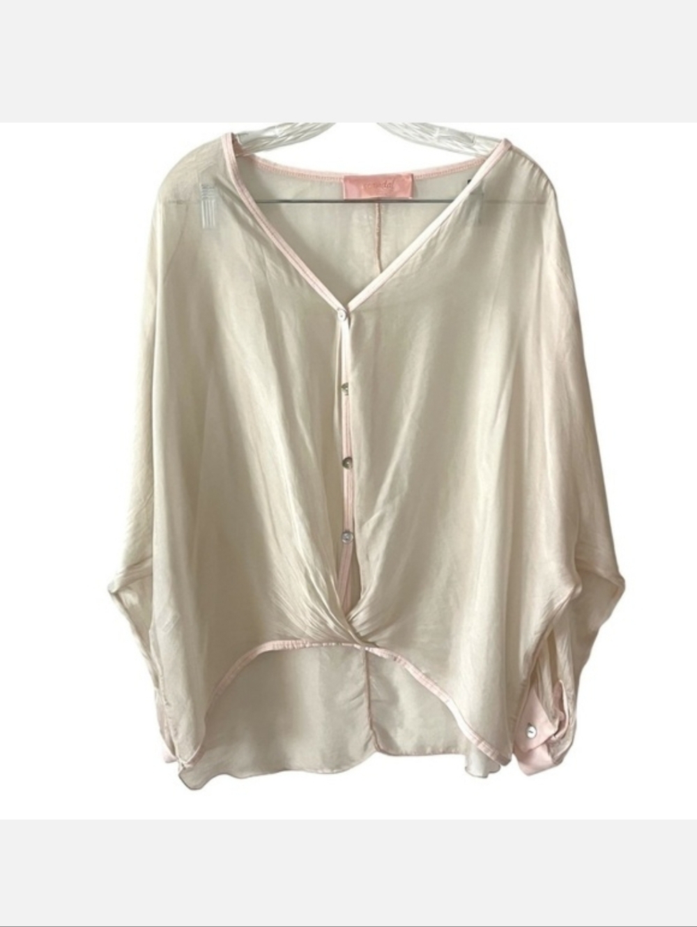 Scandal Silk Blend Pink and Cream V Neck Oversized Blouse Tunic Sheer Flowy Lg